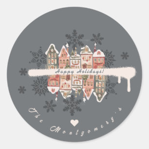 Pegatina Redonda Casas de Navidad Nevadas Copos de Nieve Gris