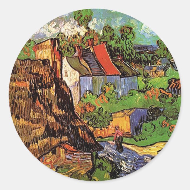 Pegatina Redonda Casas en Auvers, Vincent van Gogh. Aldea (Anverso)