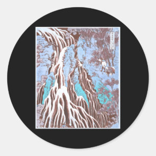 Pegatina Redonda Cascada de Kirifuri Hokusai Ukiyo E Japón Paisaje