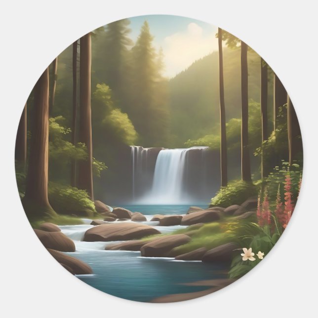 Pegatina Redonda Cascada Tranquila Un Retiro Tranquilo (Anverso)