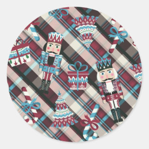 Pegatina Redonda Cascanueces de Navidad a Cuadros Azul Burgundy