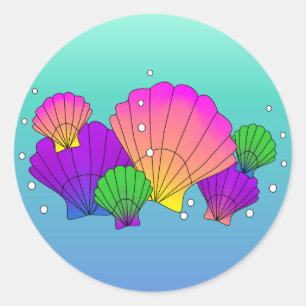 Pegatina Redonda Cáscaras y burbujas del mar del Caribe