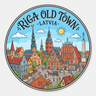 Pegatina Redonda Casco Antiguo de Riga Letonia