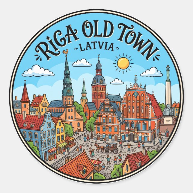 Pegatina Redonda Casco Antiguo de Riga Letonia (Anverso)