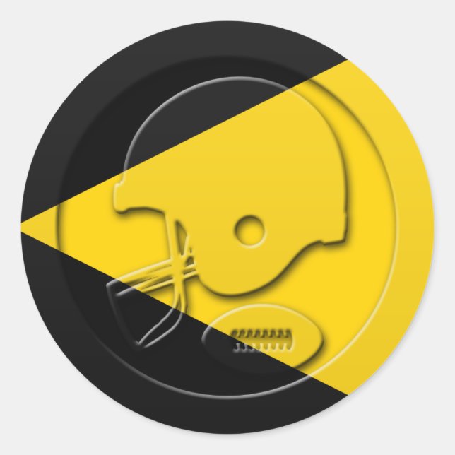 Pegatina Redonda Casco de fútbol negro y amarillo y bola (Anverso)