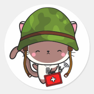 Pegatina Redonda Casco del ejército de gatos blancos