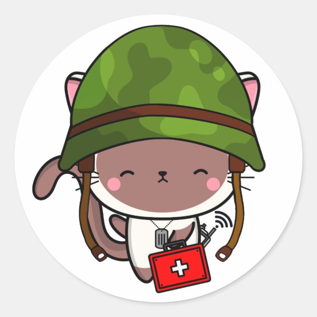 Pegatina Redonda Casco del ejército de gatos blancos (Anverso)