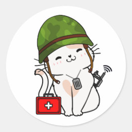 Pegatina Redonda Casco del ejército de gatos blancos