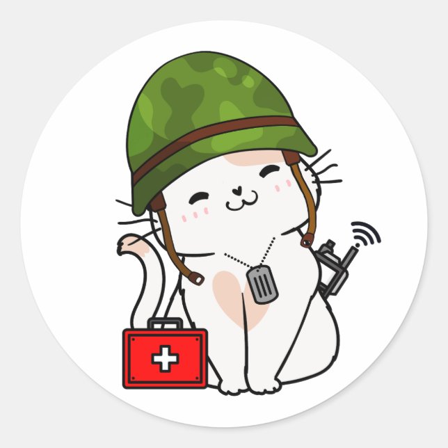 Pegatina Redonda Casco del ejército de gatos blancos (Anverso)