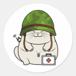 Pegatina Redonda Casco del ejército de gatos gordos