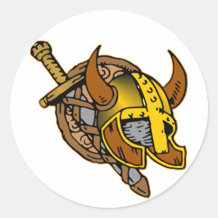 Pegatina Redonda Casco vibrante, tatuaje de espadas y escudo