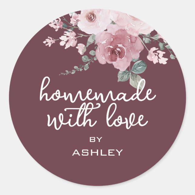 Pegatina Redonda Casero con amor Rosa floral regalo de Borgoña (Anverso)
