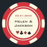 Pegatina Redonda Casino Poker Chip rojo y Boda blanco fuera de líne<br><div class="desc">¿Casarse en Las Vegas u otra ciudad de casino divertida? Estos pegatinas lacados rojos y blancos harían una adición perfecta a una caja de favores,  sobre,  caramelos bufé y más.</div>