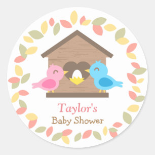 Pegatina Redonda Casita de Pájaros Adorable Deja Corona Baby Shower