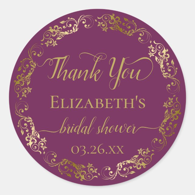 Pegatina Redonda Cassis Purple & Gold Lace Bridal Shower (Anverso)