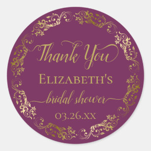 Pegatina Redonda Cassis Purple & Gold Lace Bridal Shower