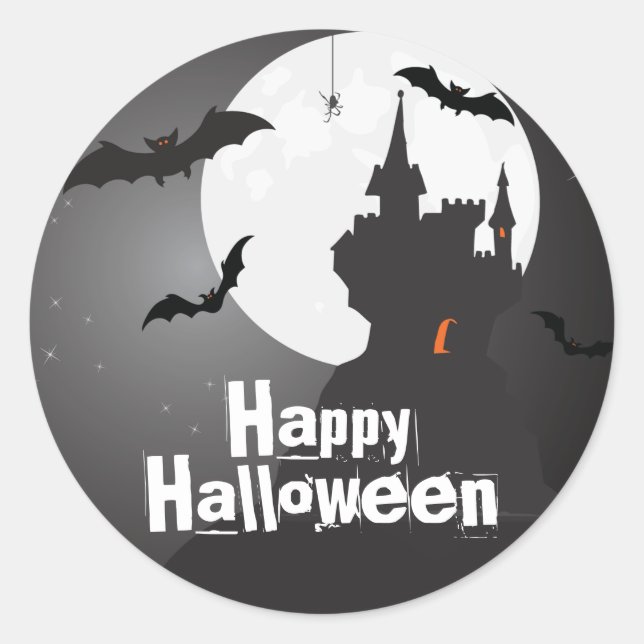 Pegatina Redonda Castillo de Eerie y Bats Halloween (Anverso)