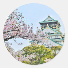 Pegatina Redonda Castillo de Himeji con flores de cerezo