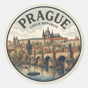 Pegatina Redonda Castillo de Praga y Puente Carlos República Checa