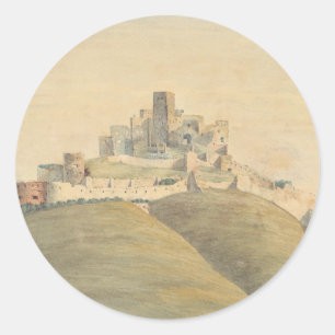 Pegatina Redonda Castillo de Trencin en el oeste de Eslovaquia