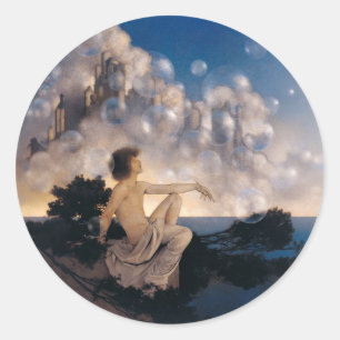Pegatina Redonda Castillos en el aire de Maxfield Parrish 1904 Fant