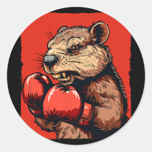 Pegatina Redonda Castor Boxeador Impresionante Con Guantes Para Fan