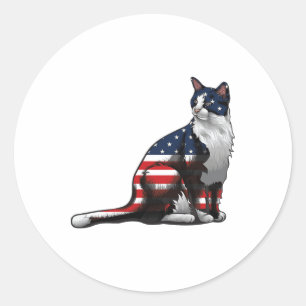 Pegatina Redonda Cat American Flag 4 De Julio Cute Patriotic Kitte
