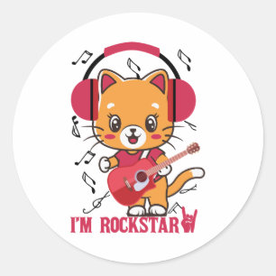 Pegatina Redonda Cat and Rock I m Rockstar Guay Cat Band Rockcat