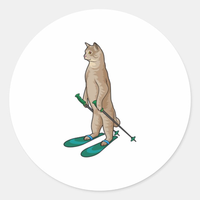 Pegatina Redonda Cat as Skier with Ski & Ski poles (Anverso)