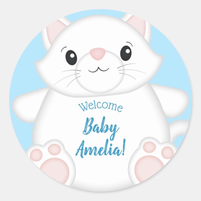 Pegatina Redonda Cat Baby Shower Kitty Blue (Anverso)