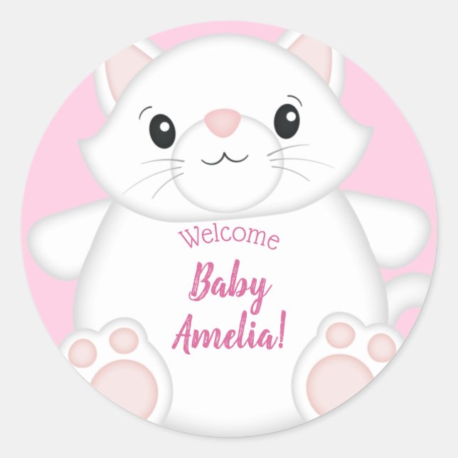 Pegatina Redonda Cat Baby Shower Kitty Pink (Anverso)