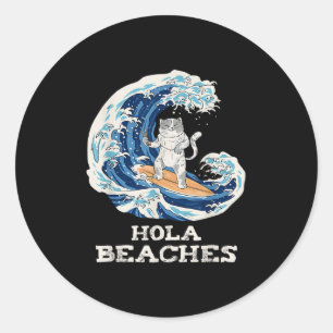 Pegatina Redonda Cat Beis Funny Japanese Hola Cat Surfing