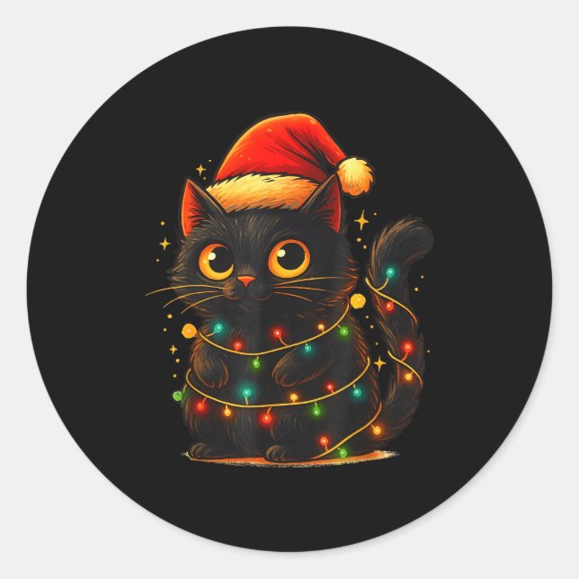 Pegatina Redonda Cat Black Christmas Tree Lights Funny Santa Kitten (Anverso)