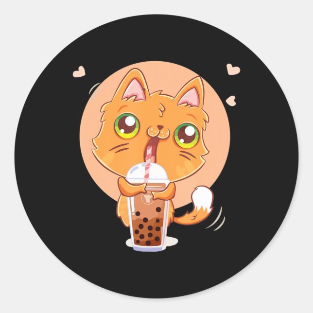 Pegatina Redonda Cat Boba Tea Bubble Kawaii Japonés Anime Gigo Gir (Anverso)