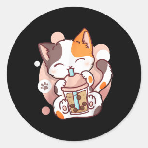 Pegatina Redonda Cat Boba Tea Bubble Tea Anime Kawaii Neko