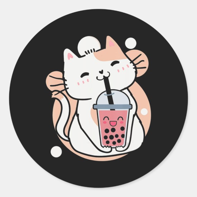Pegatina Redonda Cat Boba Tea Bubble Tea Anime Kawaii Neko Milktea (Anverso)