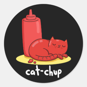 Pegatina Redonda Cat-chup Graciosa Red Ketchup Cat Pun Dark BG