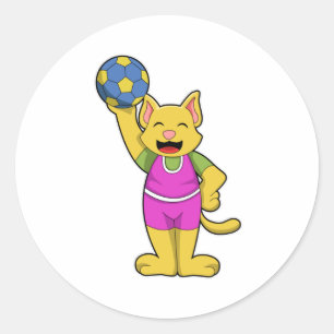 Pegatina Redonda Cat como jugador de balonmano con balonmano