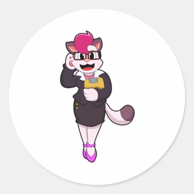 Pegatina Redonda Cat como secretario con Notepad (Anverso)