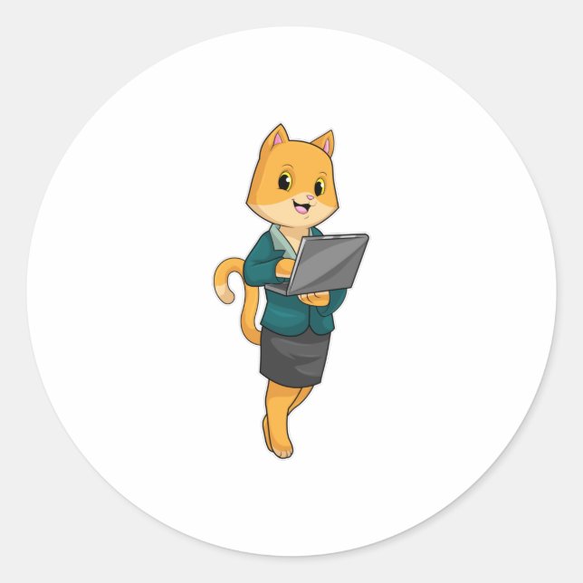 Pegatina Redonda Cat como secretario con portátil (Anverso)