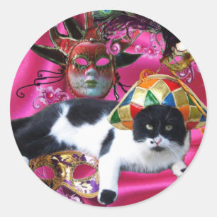 PEGATINA REDONDA CAT CON MÁSCARAS DE GORRA DE HARLEQUINA Y FIESTA D