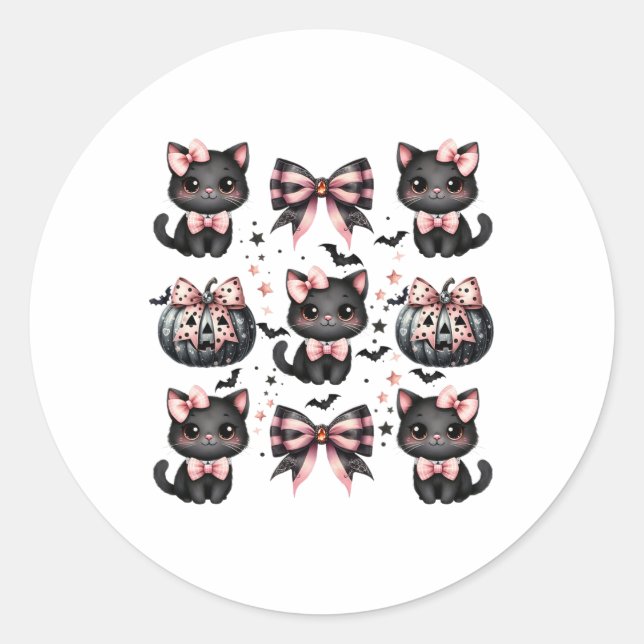 Pegatina Redonda Cat Coquette Halloween dobla Black Pink Halloween  (Anverso)