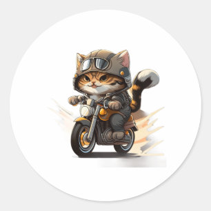 Pegatina Redonda CAT CUTE en motocicleta con camiseta clásica (2)