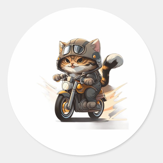 Pegatina Redonda CAT CUTE en motocicleta con camiseta clásica (2) (Anverso)