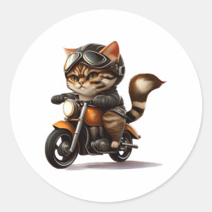 Pegatina Redonda CAT CUTE en motocicleta con camiseta clásica (5)