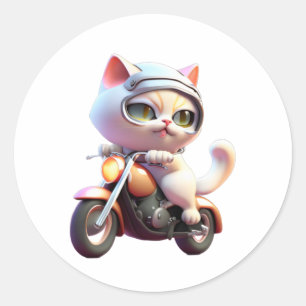 Pegatina Redonda CAT CUTE en motocicleta con camiseta clásica (7)