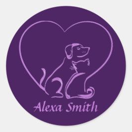 Pegatina Redonda Cat, Dog and Love Line Art with Custom Name