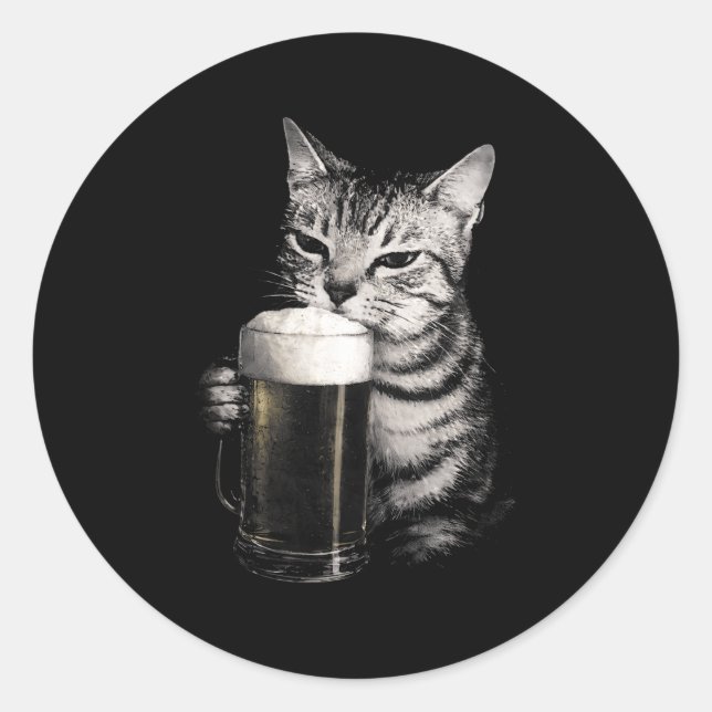 Pegatina Redonda Cat drinks beer funny meme men women matching  (Anverso)