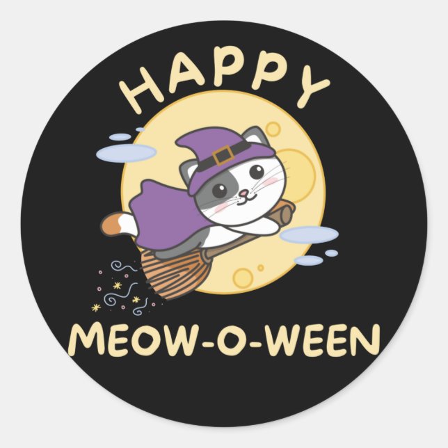 Pegatina Redonda Cat Happy Halloween Happy Meow-o-ween Classic Roun (Anverso)