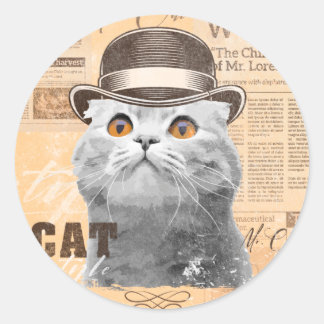 Pegatina Redonda Cat in bowler hat, old classic newspaper, vintage 